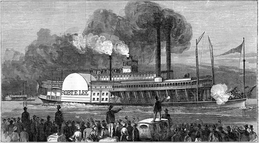 Getting Under Way, the sidewheel steamboat Robt. E. Lee, drawn by Alfred R. Waud, from Harper's Monthly, September 2, 1871; crowd cheering from the shore.