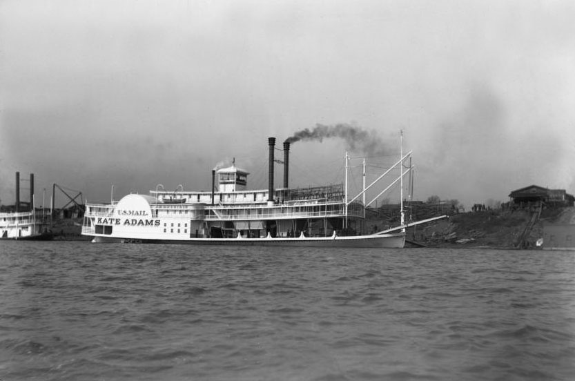 Vintage photo of the Kate Adams: Starboard view of Sidewheel Steamer Kate Adams shortly after launching, Jeffersonville (formerly Port Fulton), Indiana, Ohio River, 1899, from Howard Steamboat Museum Collection (ULPA 1986.90), University of Louisville Photographic Archives.