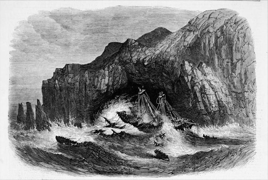 Th' Impervious Horrors of a Leeward Shore - The wreck of the American ship General Grant on Aukland Islands, May 14, 1866, from Harper's Weekly, May 16, 1868, page 316, based on a sketch by W. Tibbits, of Melbourne, Australia.