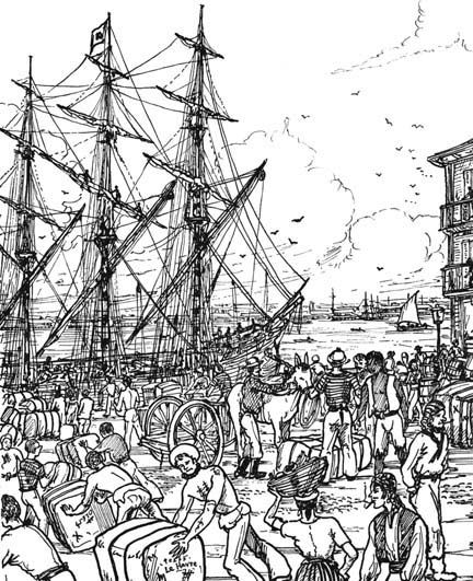 The illustration is drawn by Stan Hugill and is titled New Orleans Waterfront - 1840's, and is from <strong>Sailortown</strong>, by Stan Hugill, published by Rutledge & Kegan Paul Ltd., London, UK, © 1967, p. 185.