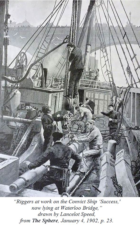 The header graphic is titled “Riggers at work on the Convict Ship ‘Success,’ now lying at Waterloo Bridge,” drawn by Lancelot Speed, from The Sphere, January 4, 1902, p. 23.