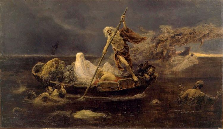 Charon was the ferryman of the dead; he carried departed spirits across the River Styx, a haunted waterway which reputedly separated the world of the living and the world of the dead, painted by Jose Benlliure y Gil (1858-1937), 1919.