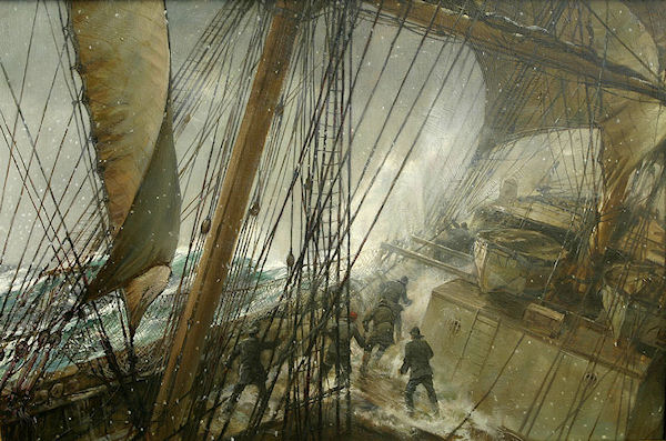 Here's a fine painting titled "Rounding Cape Horn" by Montague Dawson to go along with the poem by Cicely Fox Smith