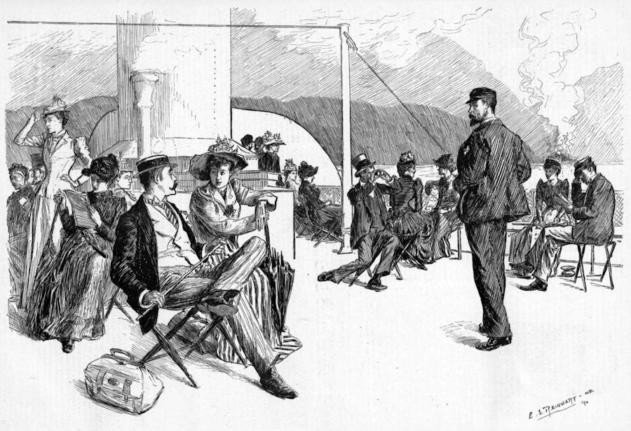 Couple spooning on the hurricane deck, Steamer Albany, Hudson River, New York, 1890, sketched by L. S. Reinhart, from Harper's Weekly.